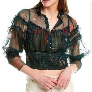 Free People Green Long Sleeve Crop Blouse